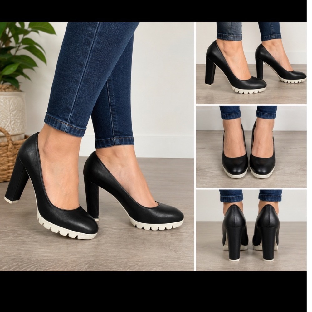 Nine West Wedrica Black Leather Lug Sole Platform Block Heel Pumps Mens 6.5M